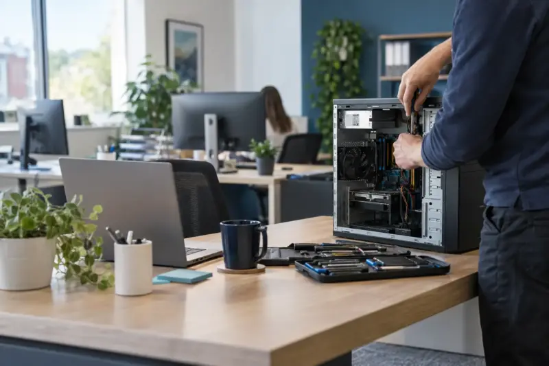 Illustrative scene of a desktop computer being worked on in an office
