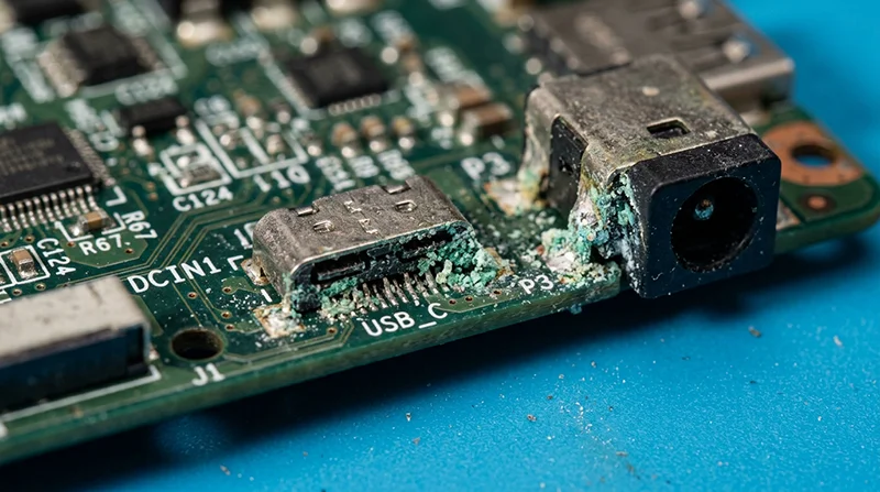 Corrosion Under Motherboard Connectors And Around The Laptop Power Input Area