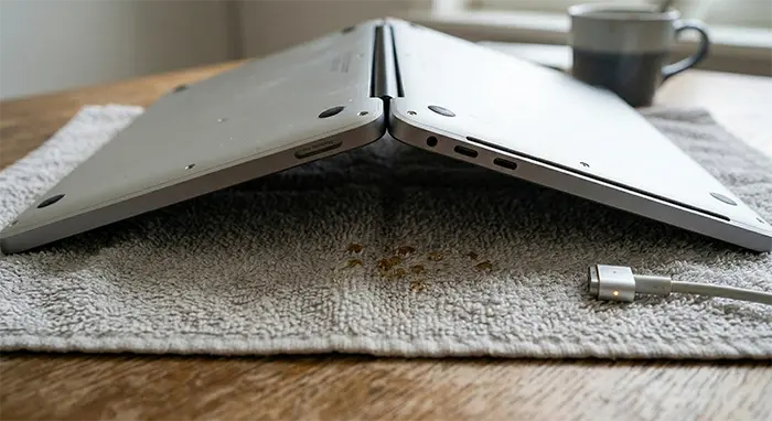 Step 3 Open The Laptop Up And Flip It Upside Down Over The Towel To Drain It As Much As Possible For Successfull Liquid Damage Repairs