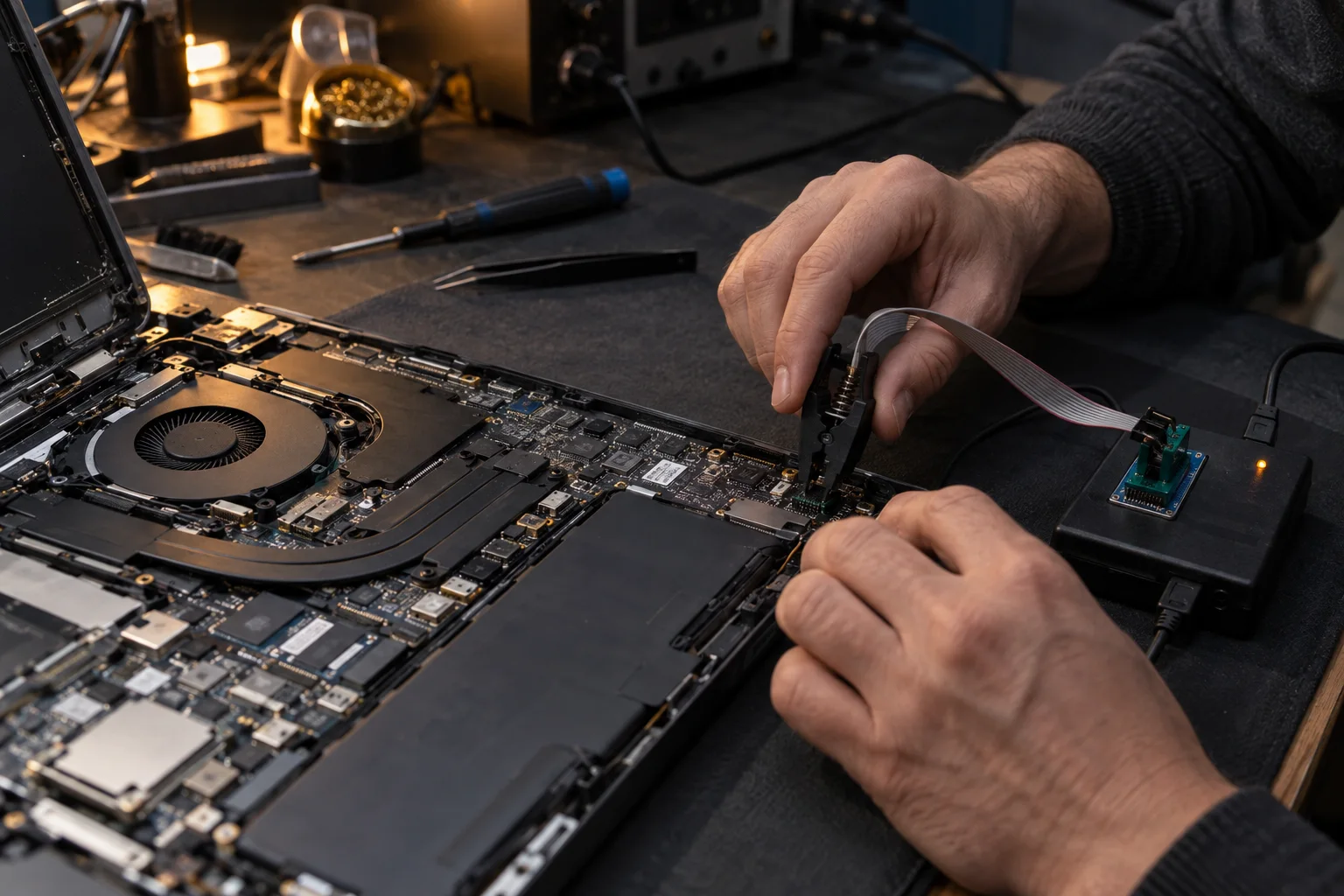 Technician assessing a laptop motherboard with a firmware chip programmer