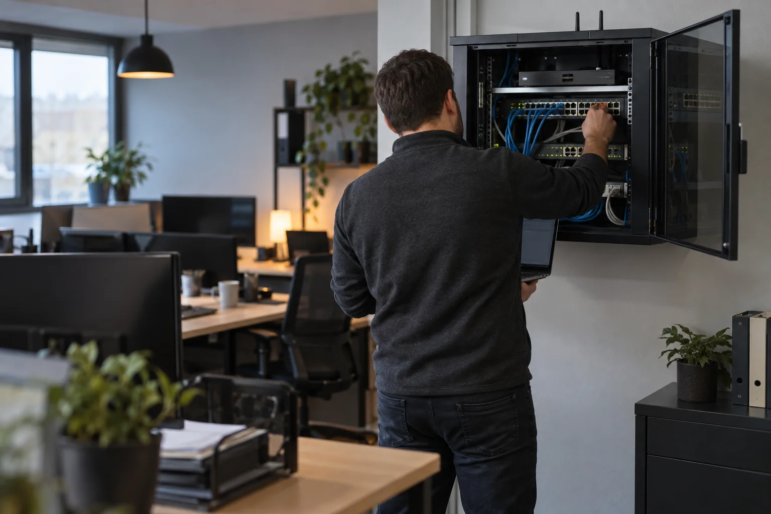Technician checking a compact network cabinet and computers in a small office