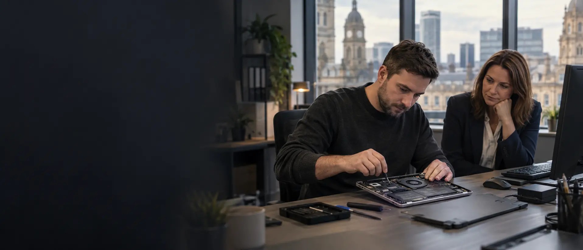 Computer repair engineer helping a business customer in Leeds