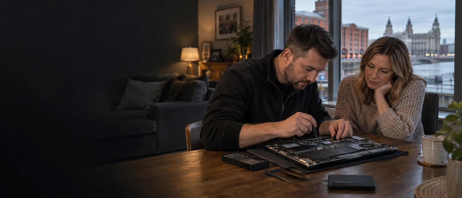Computer repair engineer diagnosing a laptop in a Liverpool home
