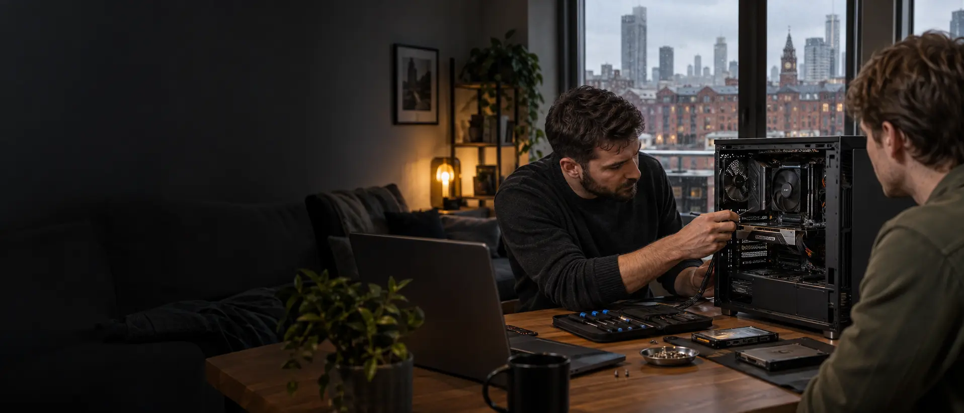 Computer repair engineer diagnosing a desktop PC in a Manchester home