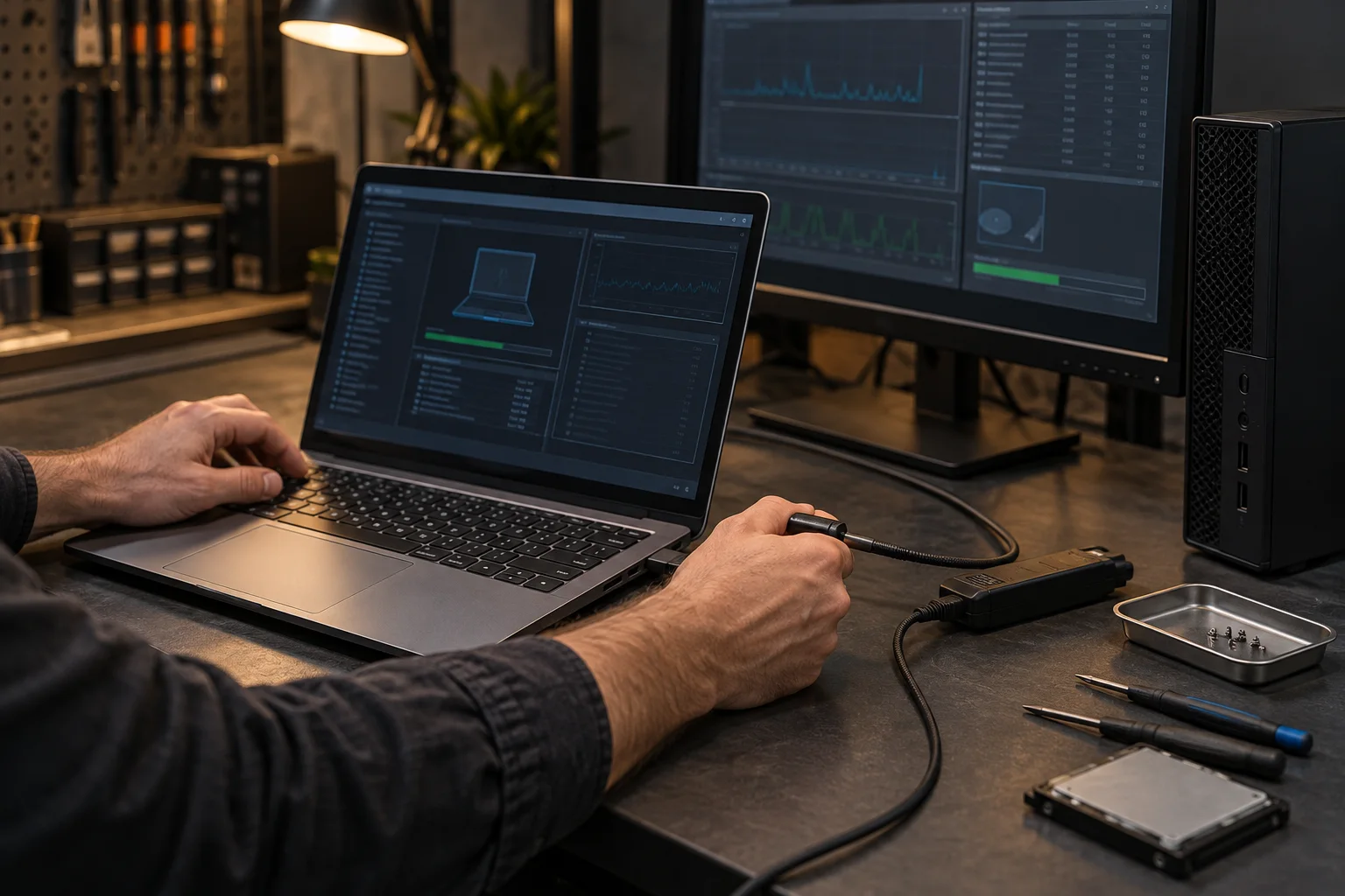 Technician diagnosing a laptop and desktop computer at a repair workbench