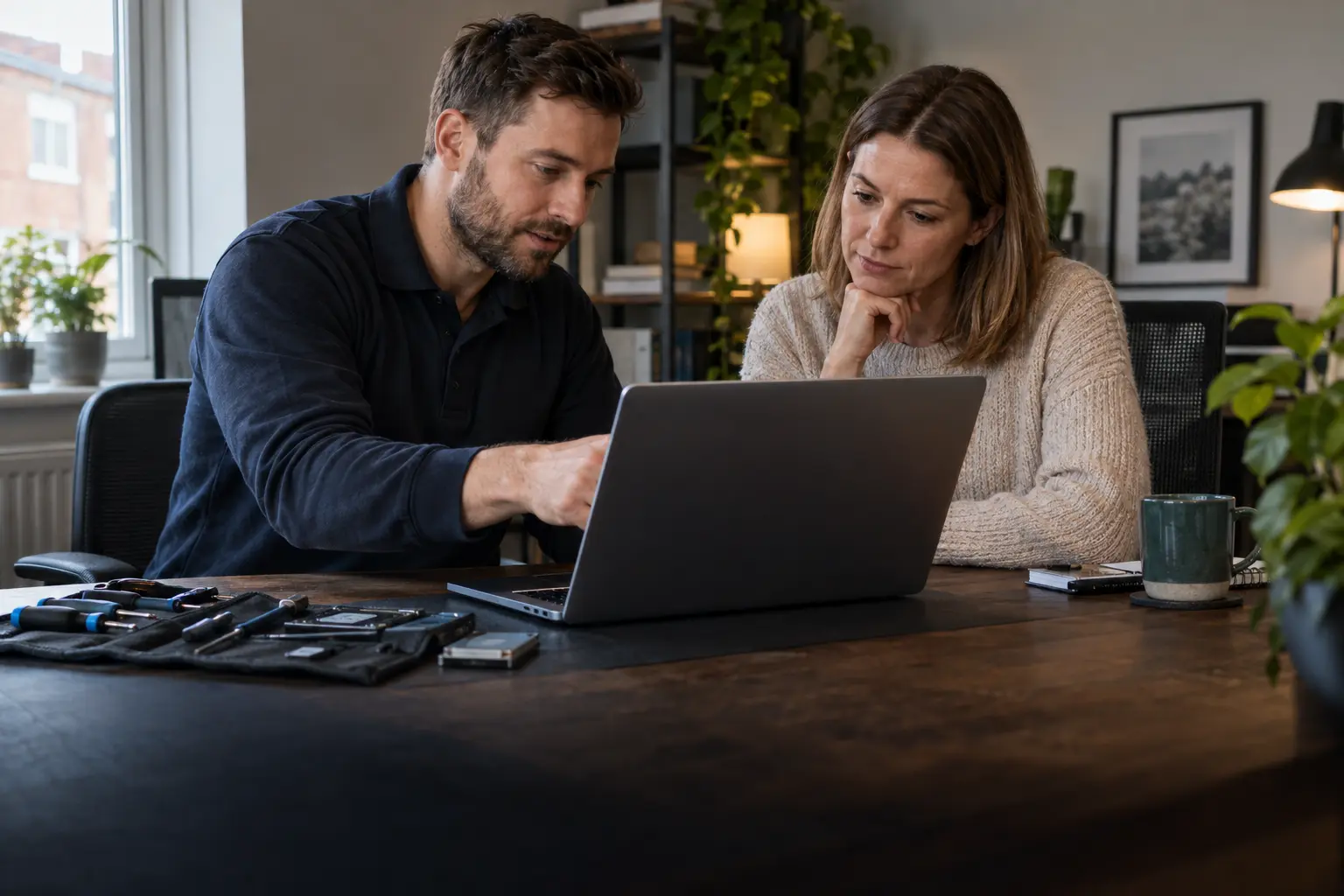 Computer repair engineer discussing a laptop problem with a customer
