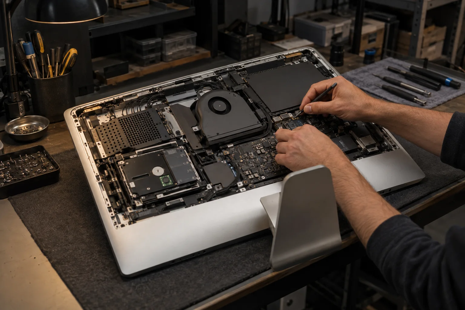 Technician repairing an opened all-in-one desktop computer on a workshop bench