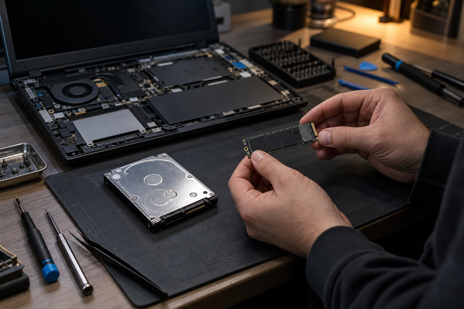 Technician inspecting a laptop drive and solid-state storage for data recovery