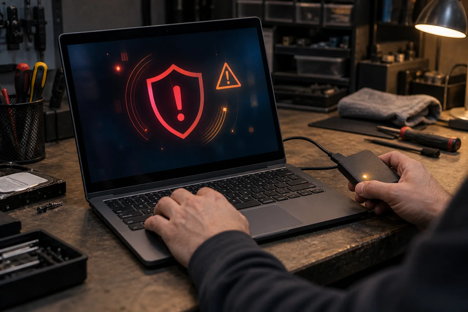 Technician diagnosing suspected malware on a laptop