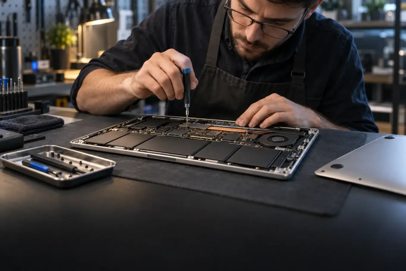 Computer repair engineer inspecting the internal components of a thin laptop