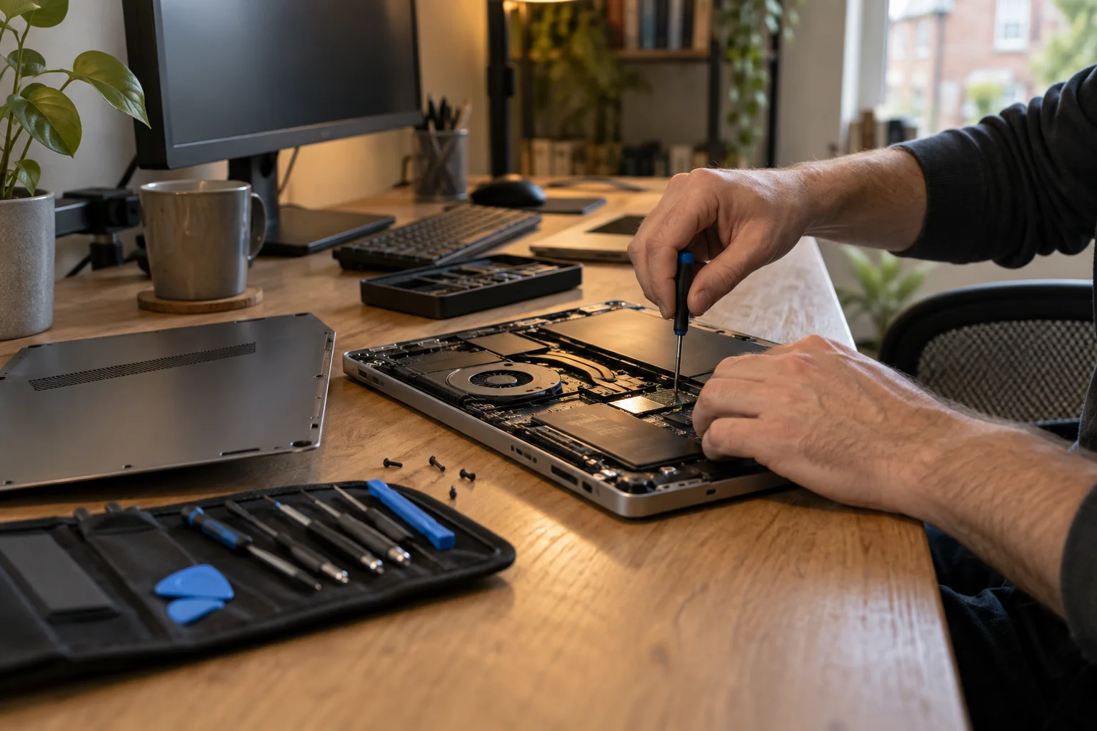 Technician repairing a computer at a customer workplace