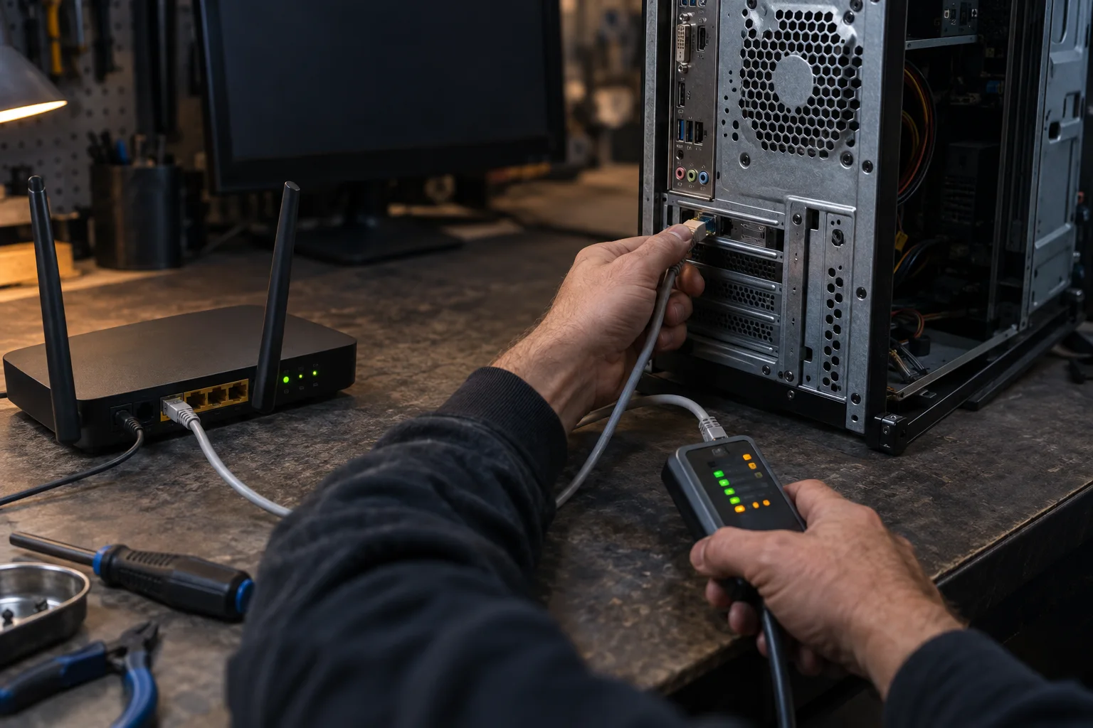 Technician checking a router, network cable and desktop computer connection