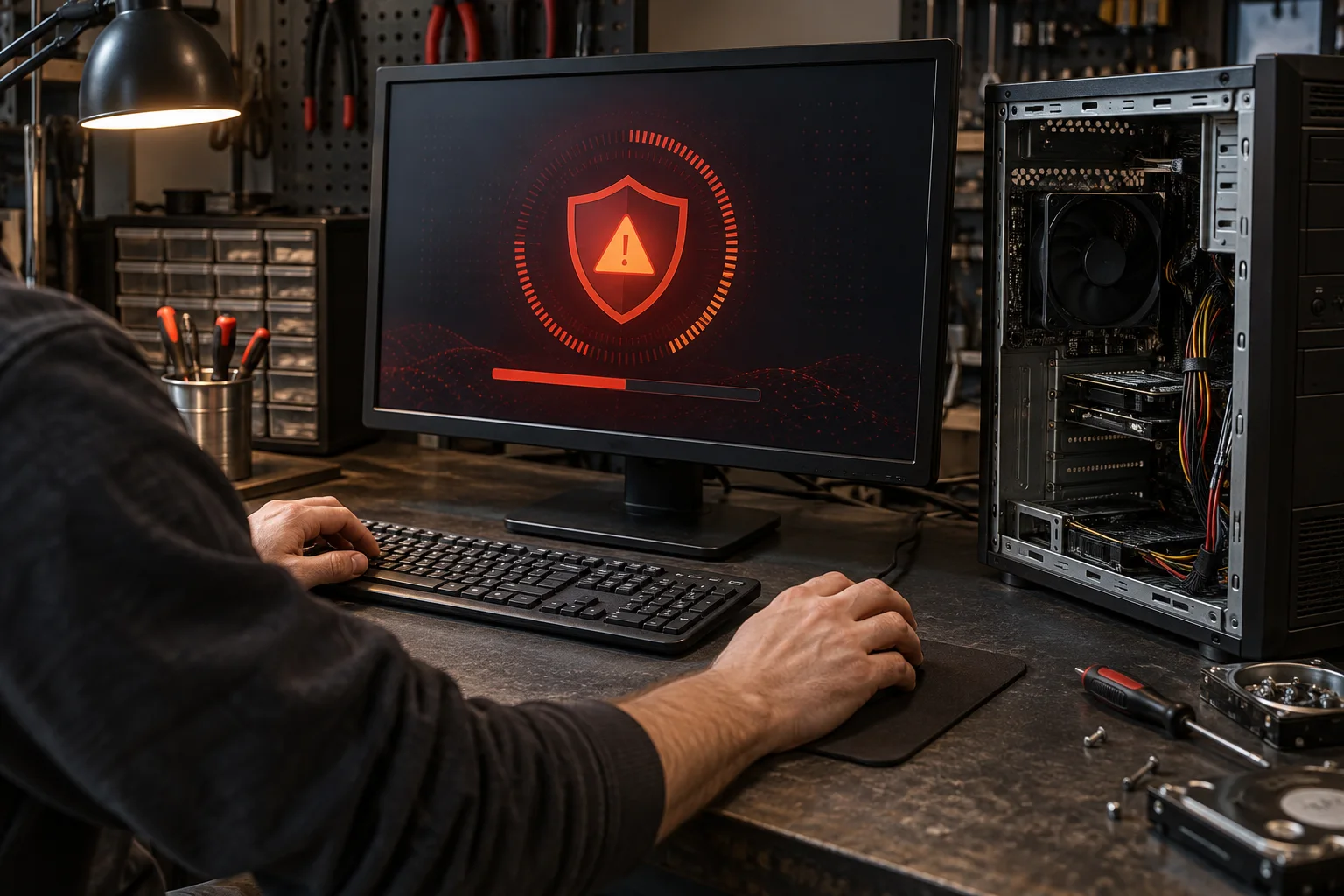 Technician diagnosing suspected malware on a desktop computer