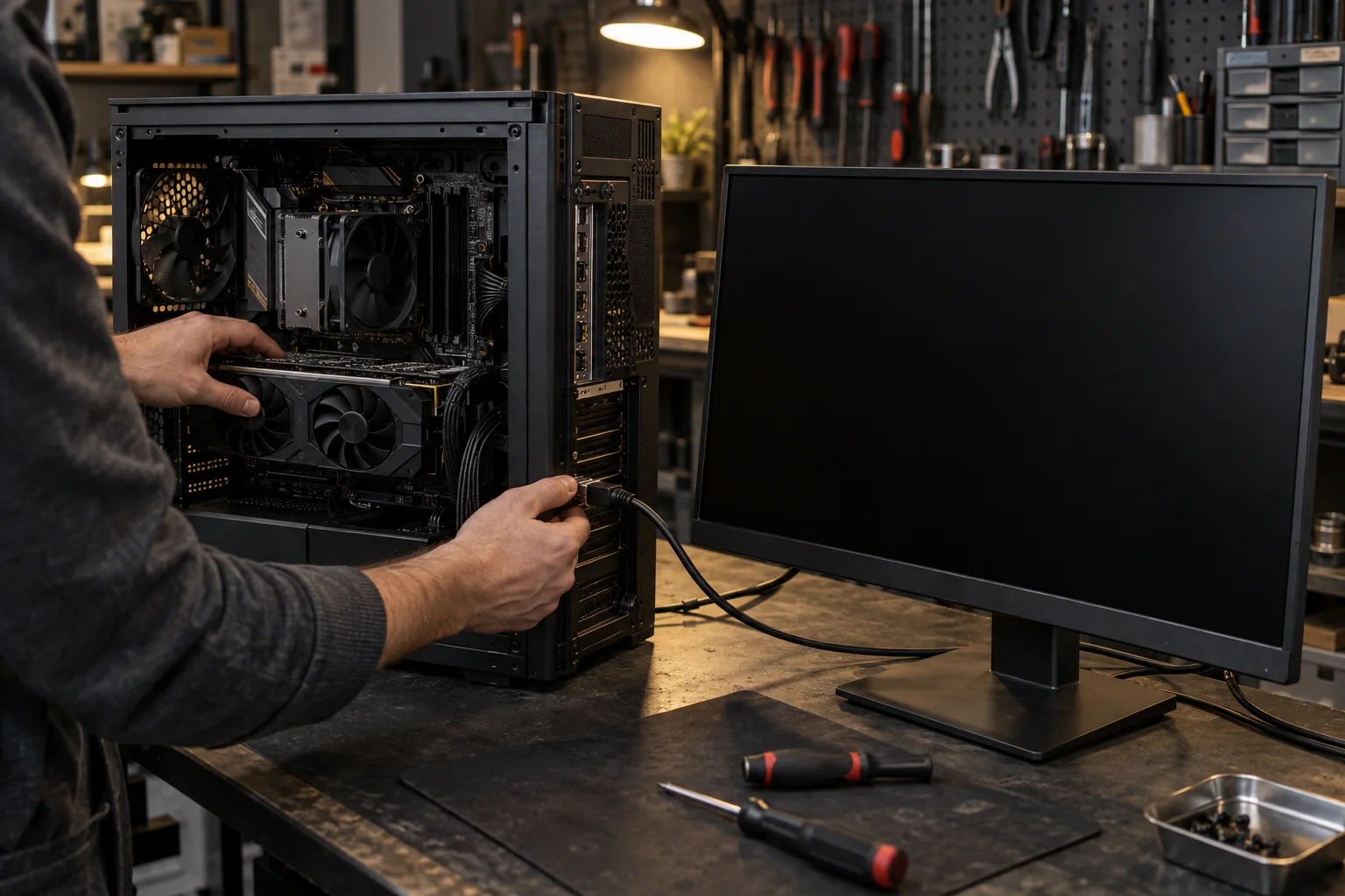 Technician testing a graphics card and display cable beside a blank monitor