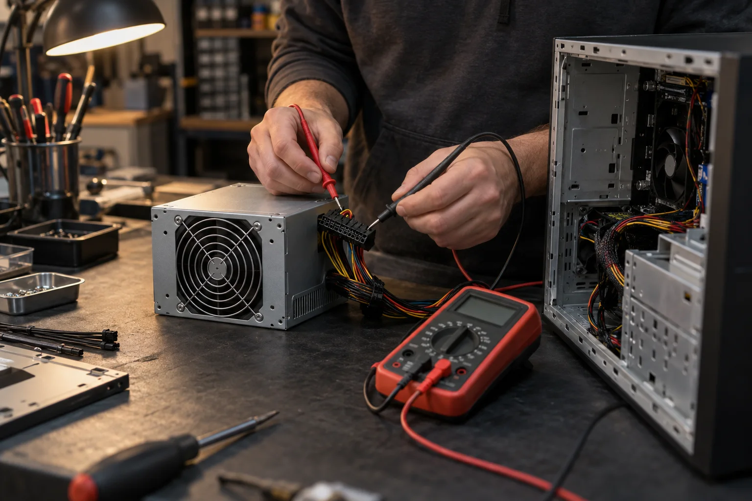 Technician testing a desktop computer power supply with a multimeter