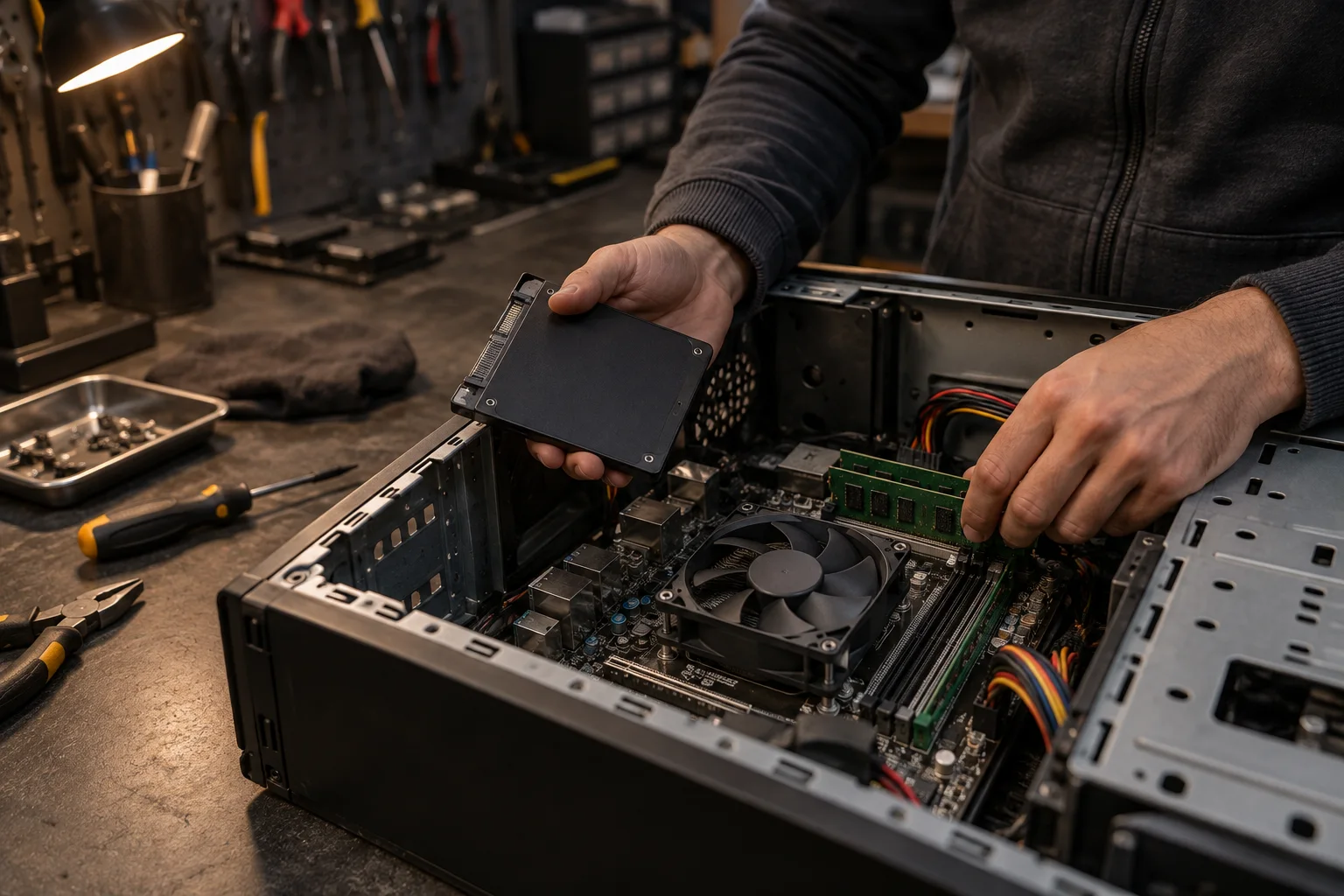 Technician checking computer memory and solid-state storage during diagnosis