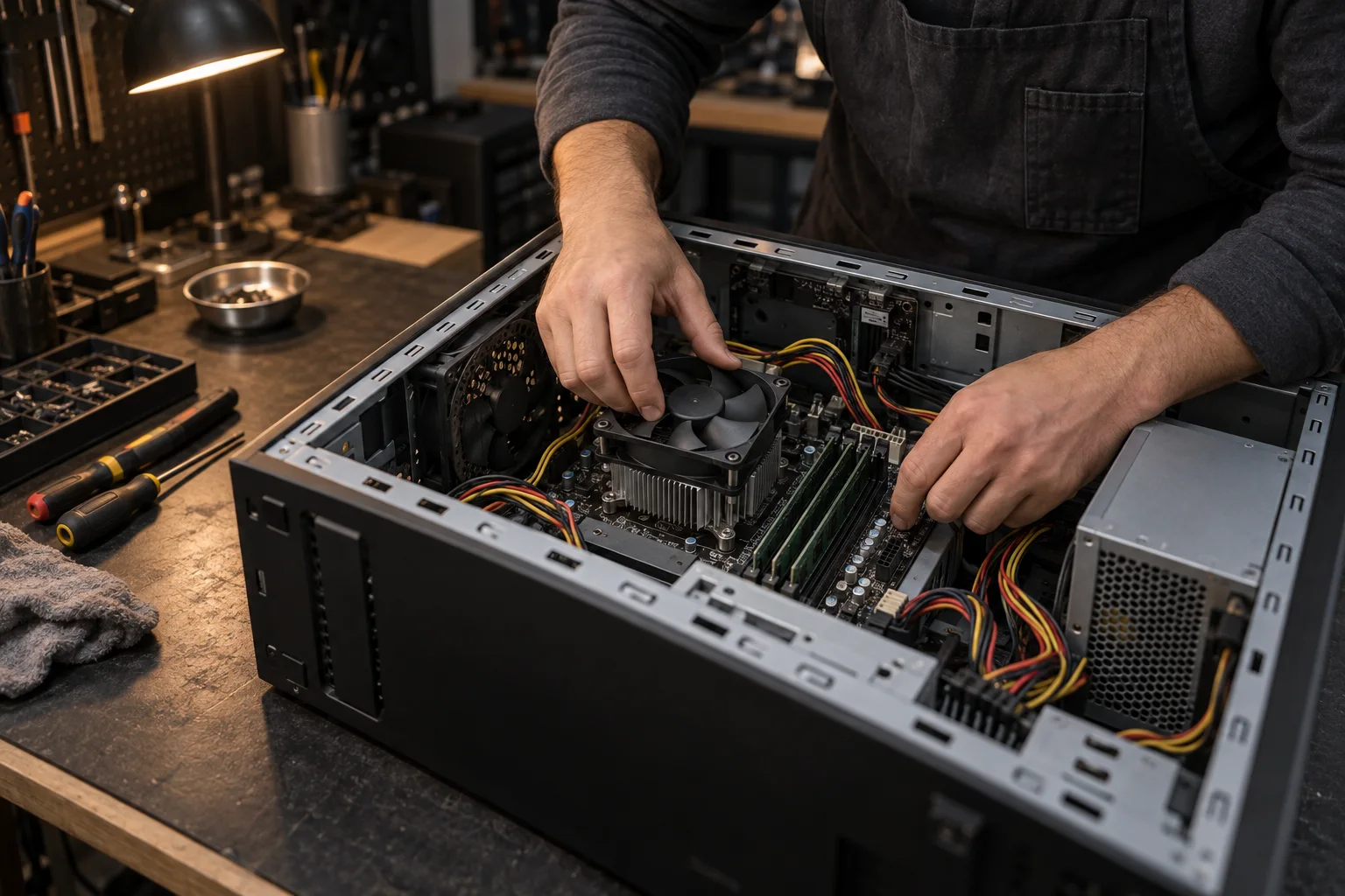 Technician checking cooling, memory and power components inside a desktop computer