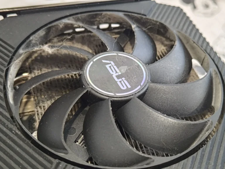 Dust around ASUS graphics card fan and visible heatsink fins