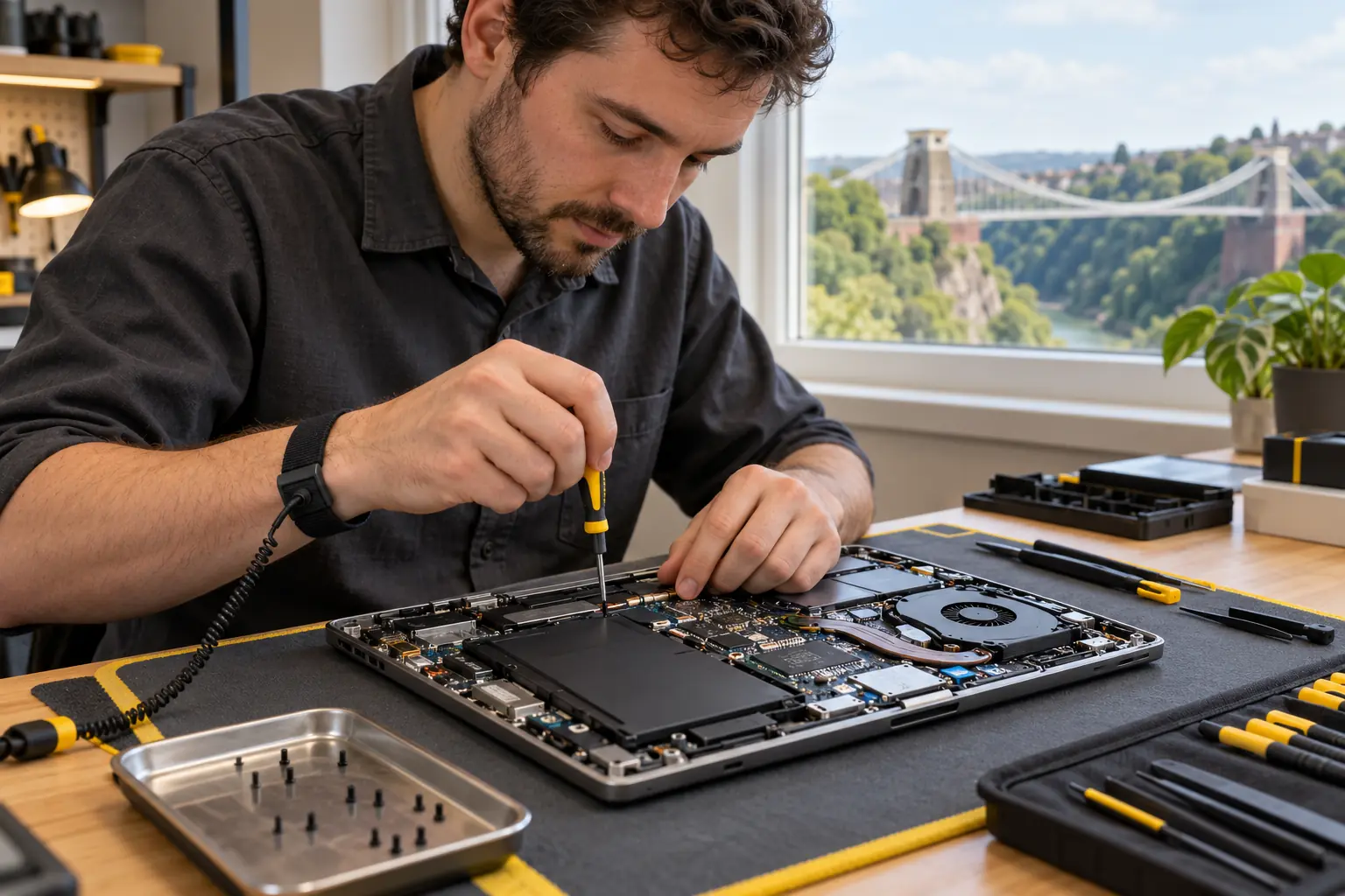 Technician repairing an open laptop, with Clifton Suspension Bridge in the background