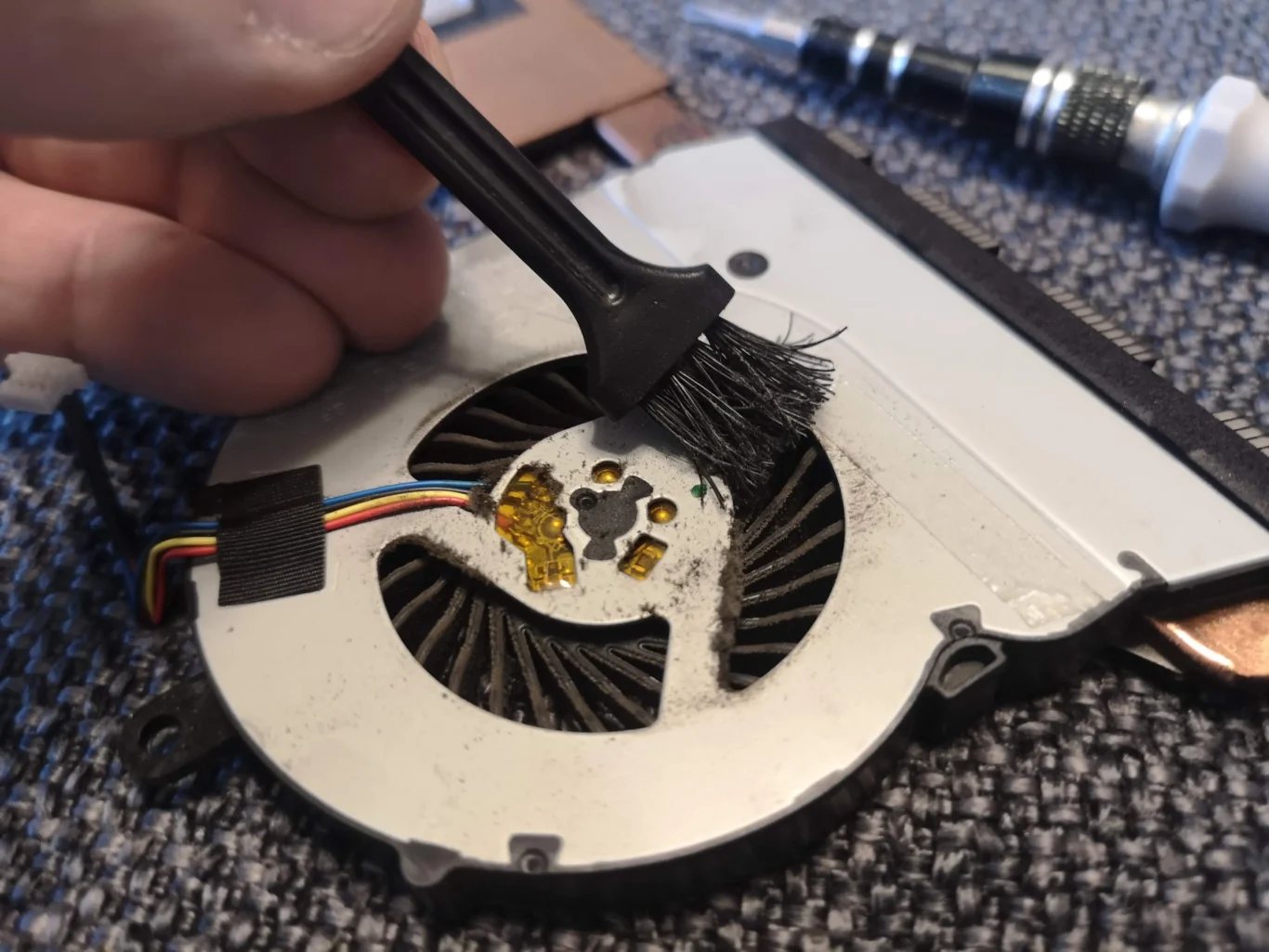 Removed Dell Inspiron blower with dust and lint inside its blade ring