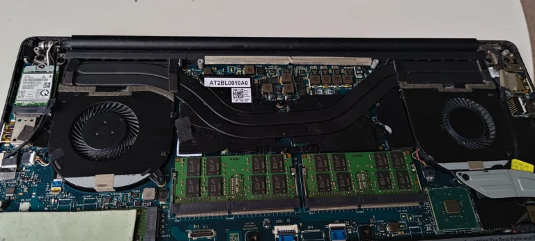 Dell XPS opened with both fans and heat pipes installed
