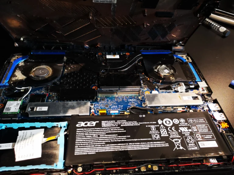 Acer Predator Helios 300 opened to show both cooling fans and battery