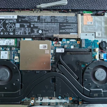 Opened Lenovo Legion 5 15ACH6H showing two fans and shared heatsink