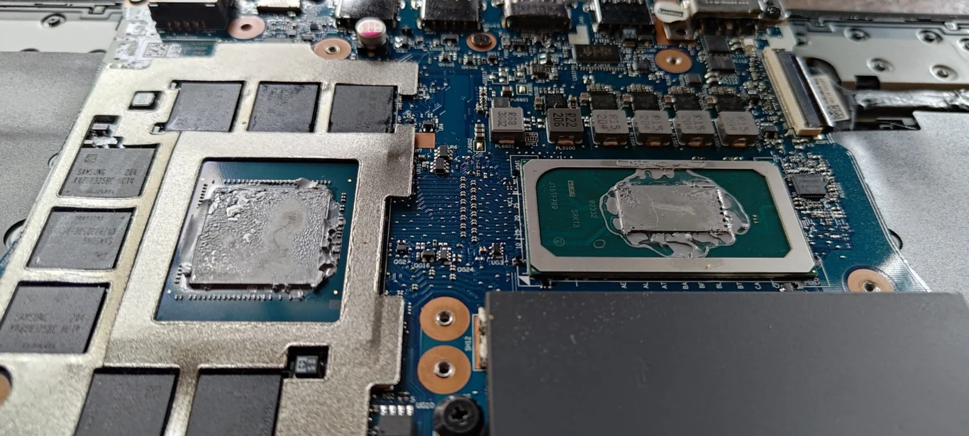 CPU and graphics chip surfaces exposed after Lenovo Legion cooler removal