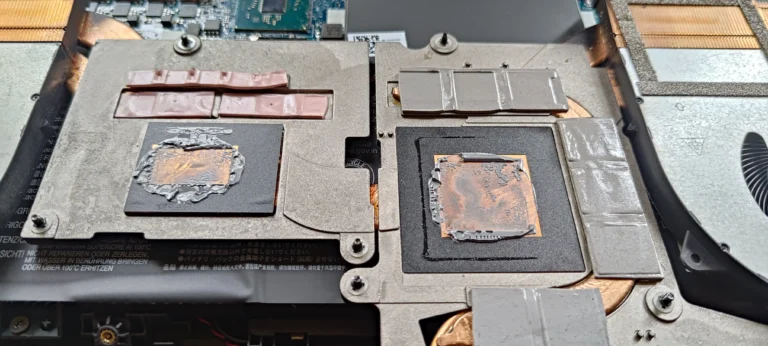 Close view of Lenovo Legion cooler thermal pads around CPU and GPU plates