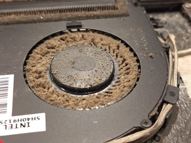 Close-up of felt-like dust buildup around Lenovo laptop fan hub and impeller blades