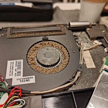Thick brown dust ring around cooling fan blades inside Lenovo laptop