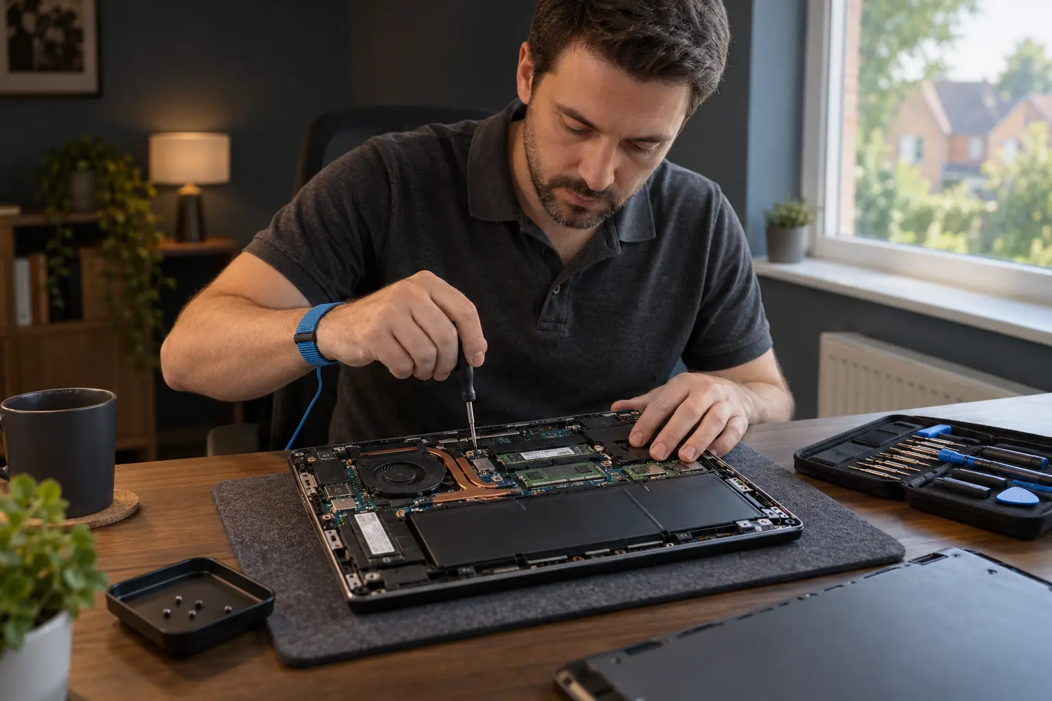 Engineer repairing an open laptop with precision tools in a home office
