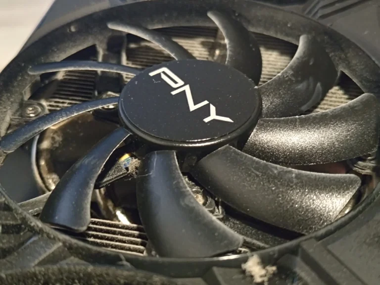 Dust on a PNY GeForce RTX fan and heatsink fins