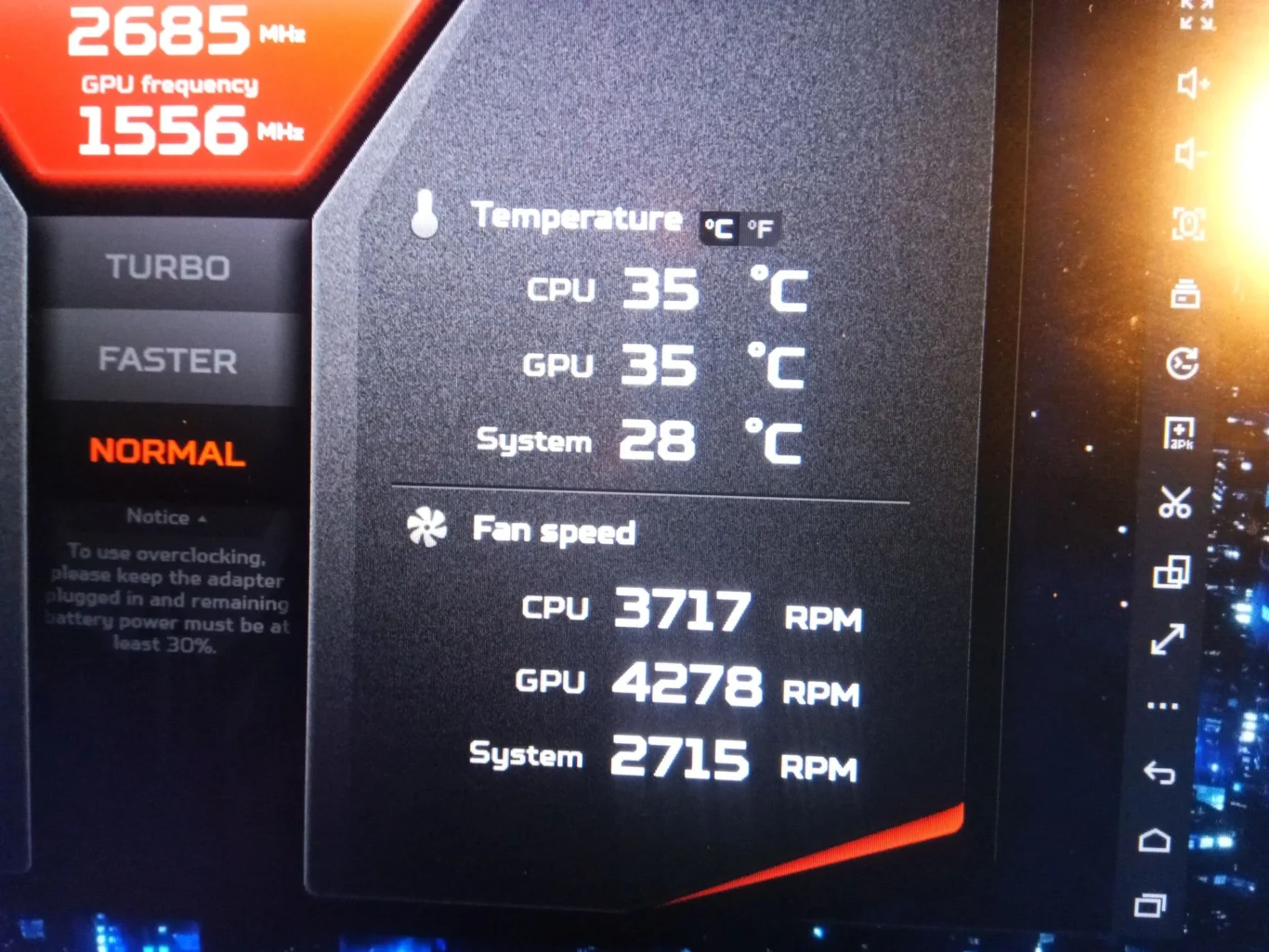 Predator software showing momentary CPU and GPU fan-speed and temperature readings