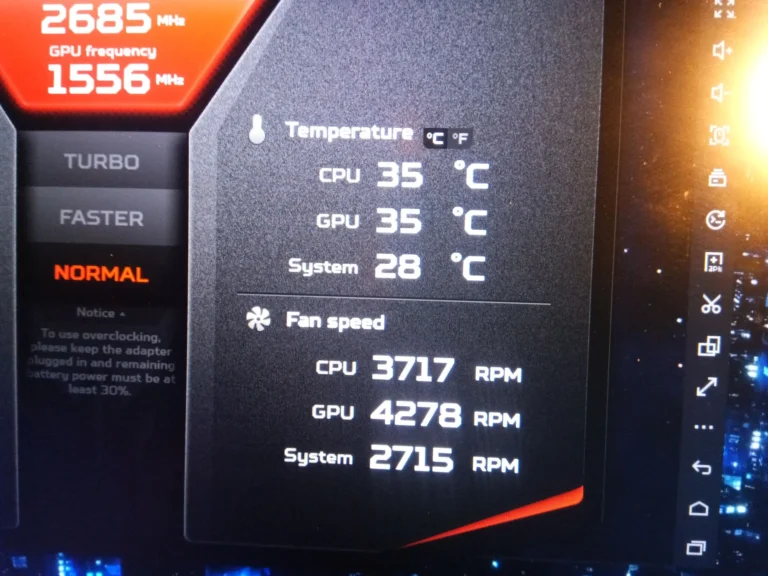 Predator software showing momentary CPU and GPU fan-speed and temperature readings