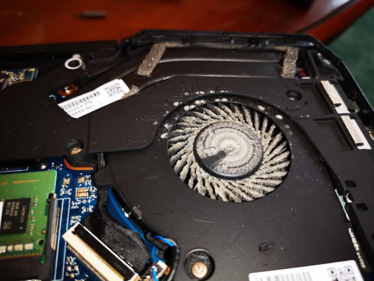 Dust collected around the second fan inside a Razer gaming laptop