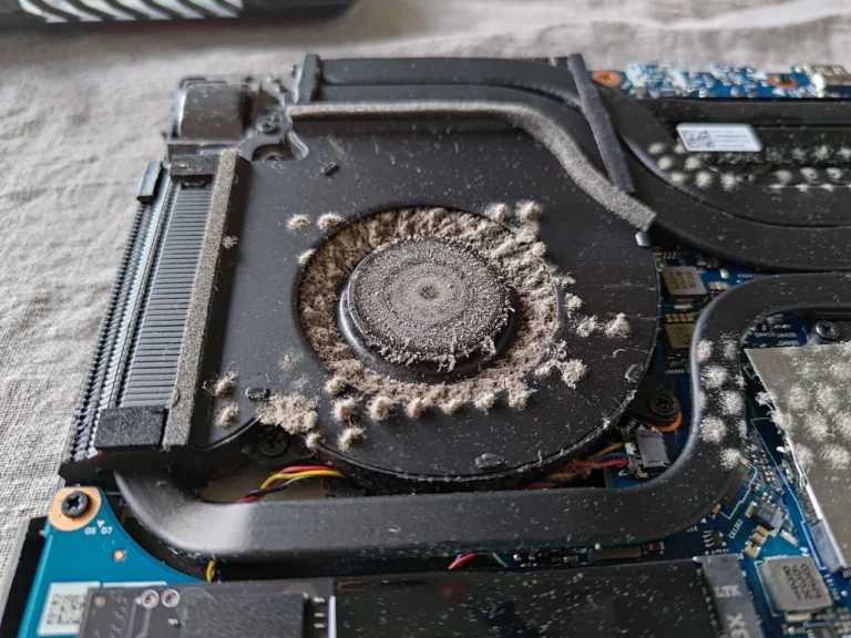 Dusty ROG Strix fan beside fin stack and fitted foam seal