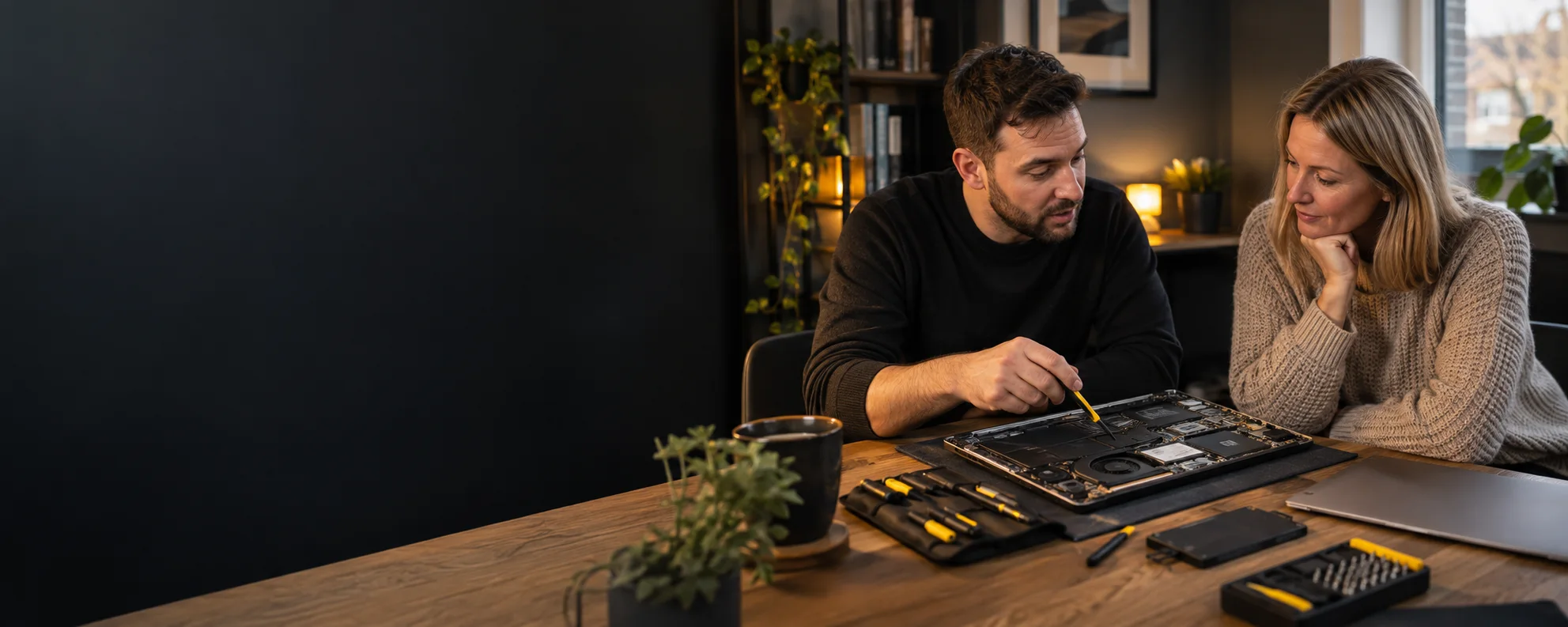 Computer repair engineer explaining a laptop repair to a customer