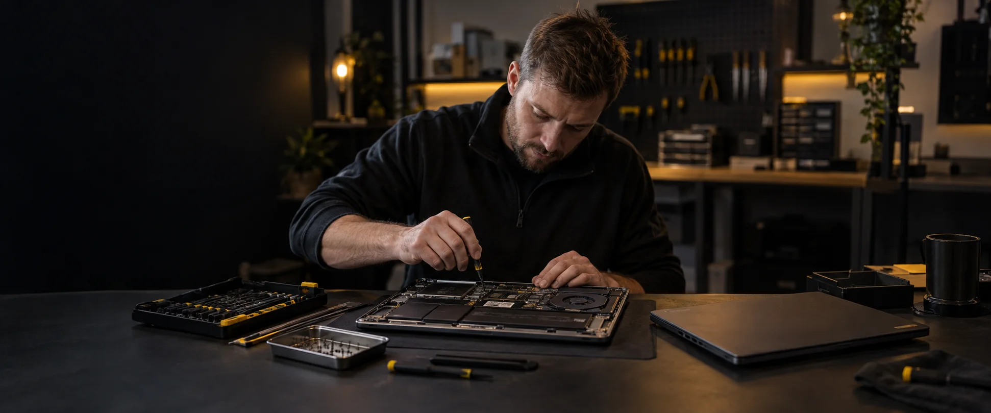 Computer repair engineer diagnosing an open laptop