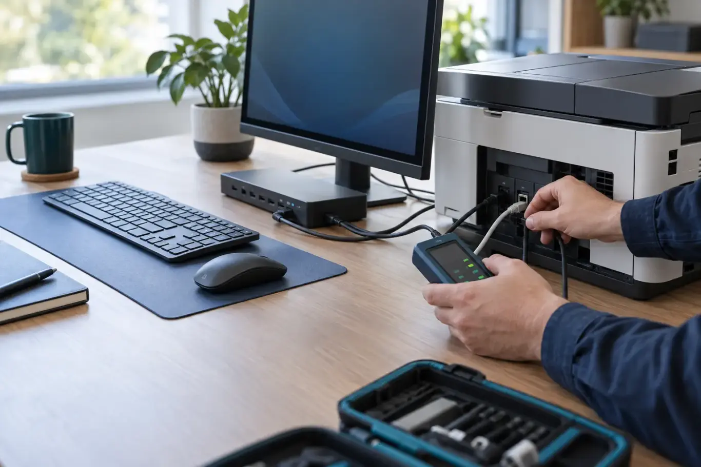 Technician checking a printer and computer peripheral connections