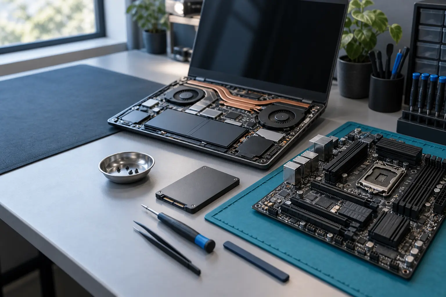 Organised workbench with laptop cooling parts, motherboard and SSD