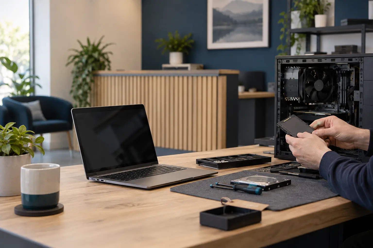 Technician reviewing computers at a clean repair workbench