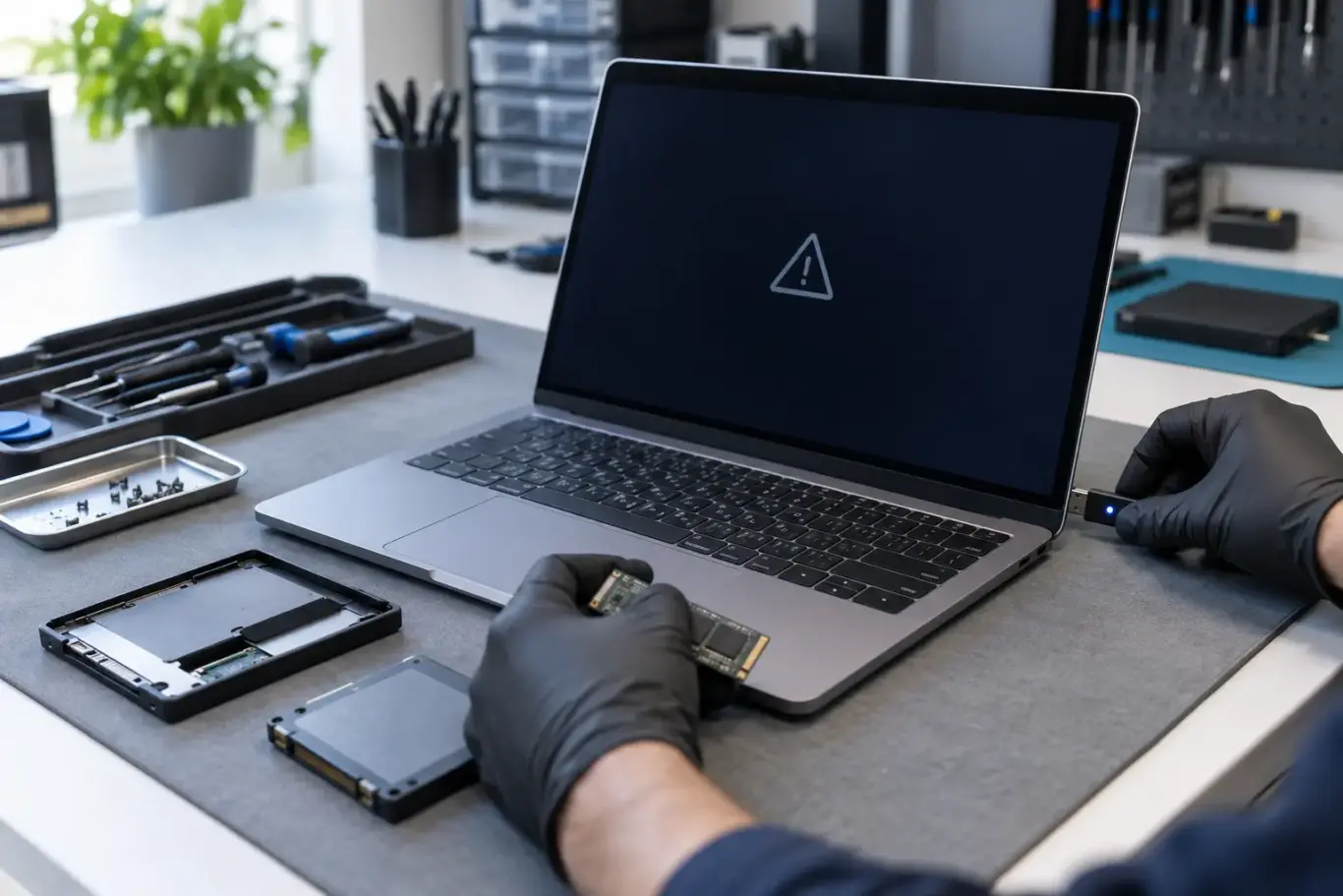 Technician diagnosing a laptop that will not start