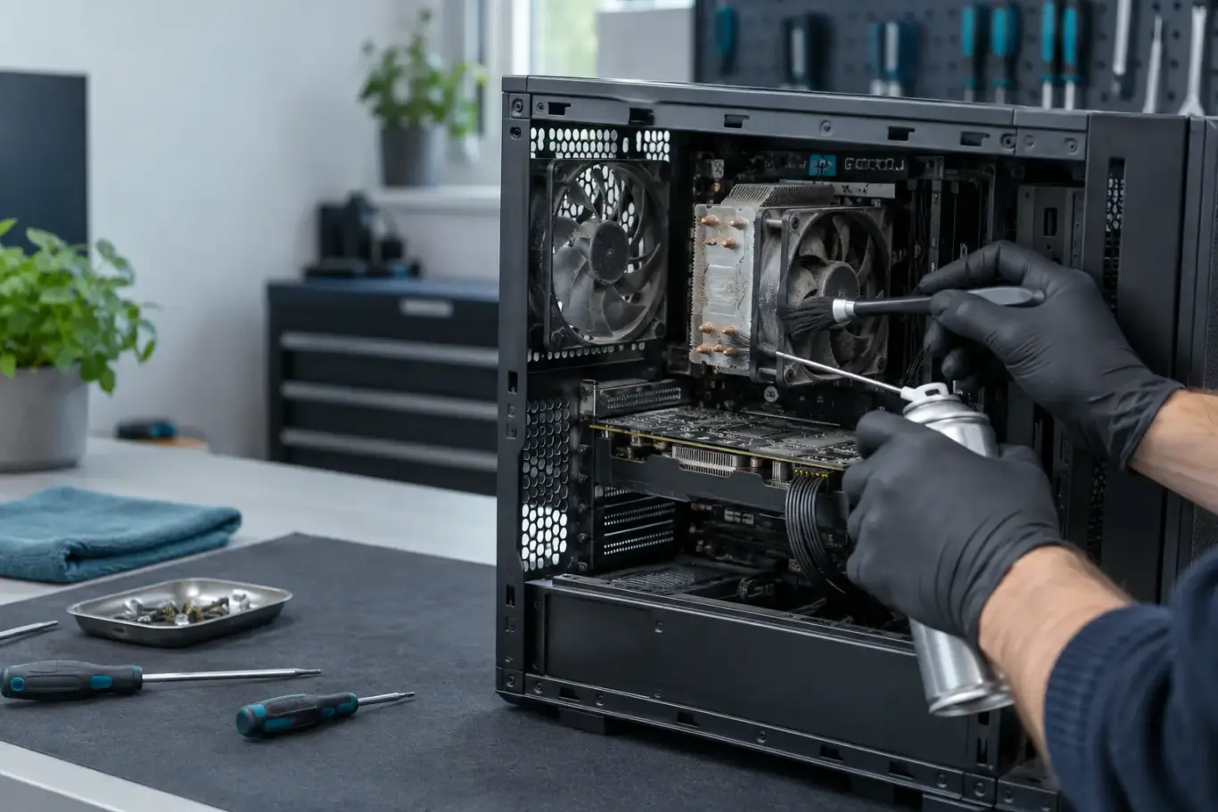 Technician cleaning dust from desktop computer fans and heatsink