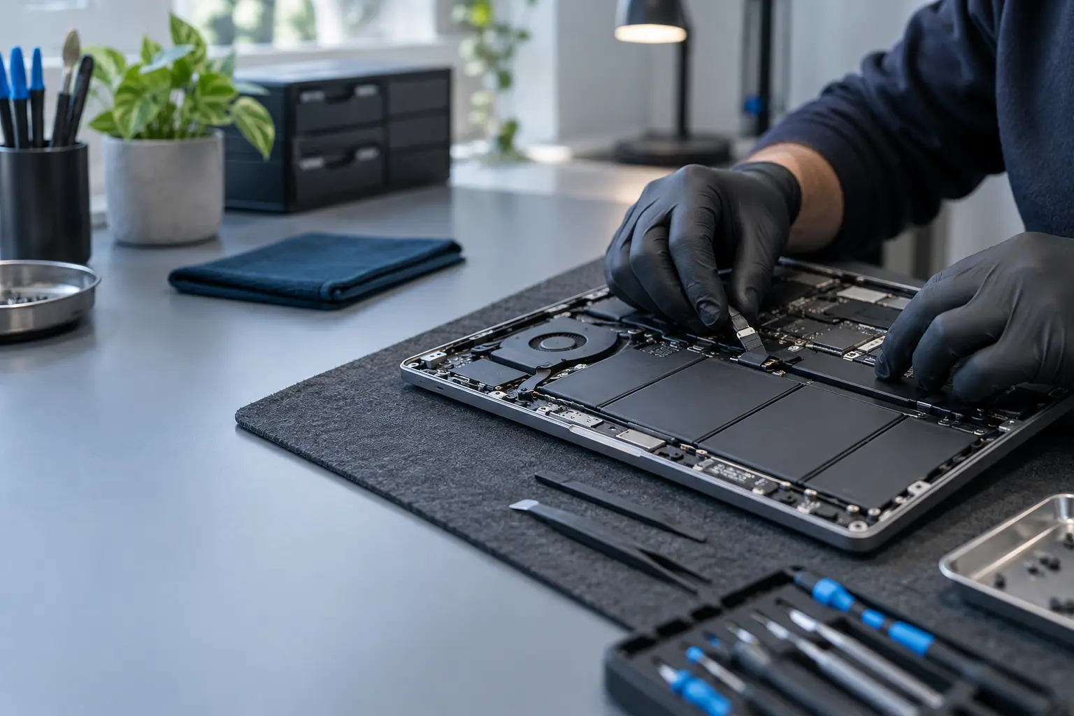 Technician inspecting an internal laptop battery on a repair bench