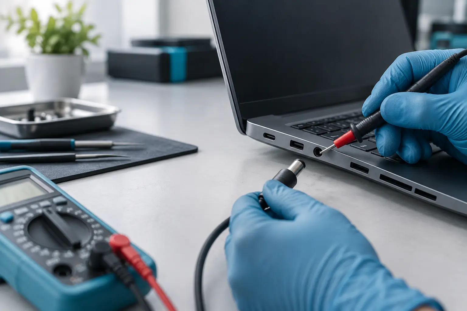 Technician testing a laptop charging port with a multimeter