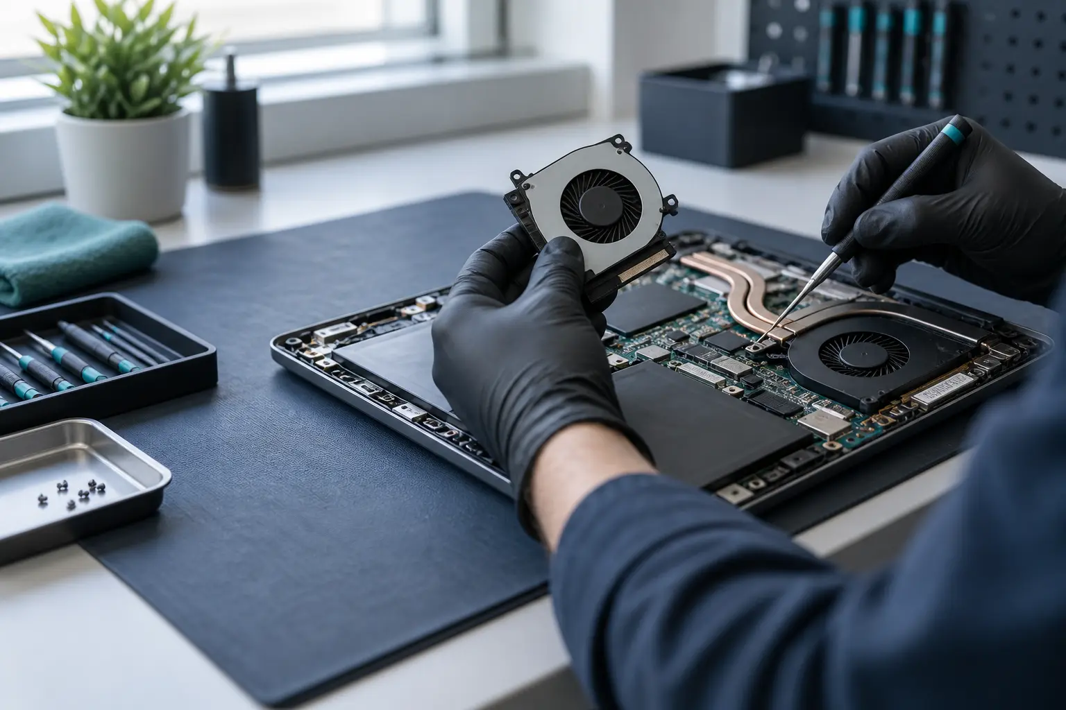 Technician comparing a replacement cooling fan with the fan inside a laptop