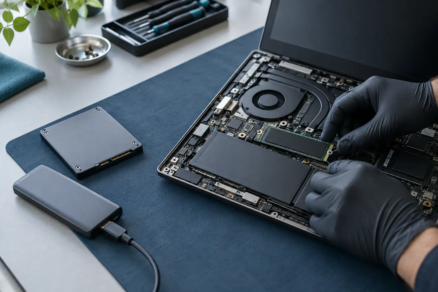 Technician installing an SSD in an open laptop