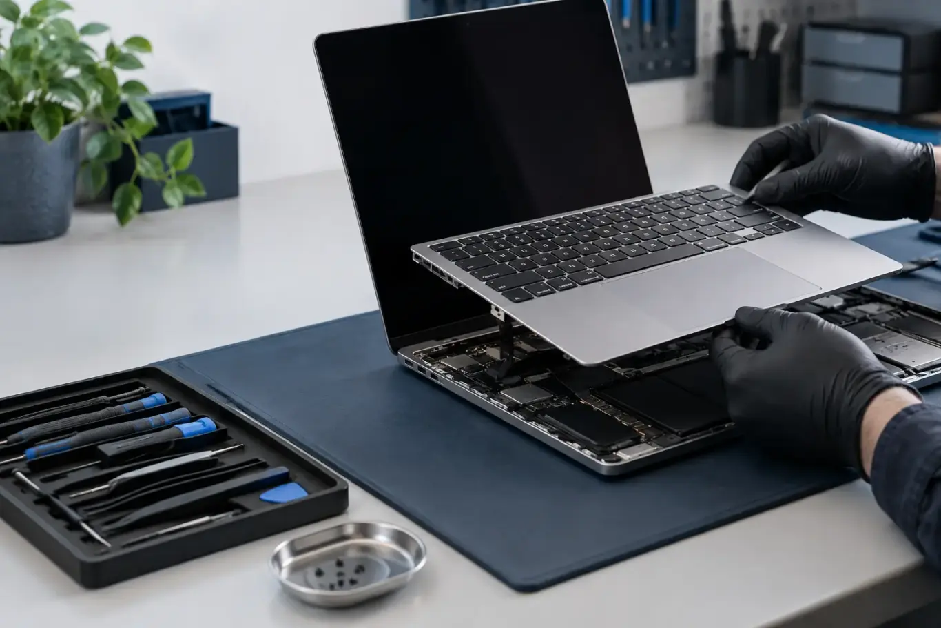 Technician removing the keyboard assembly from a slim aluminium laptop