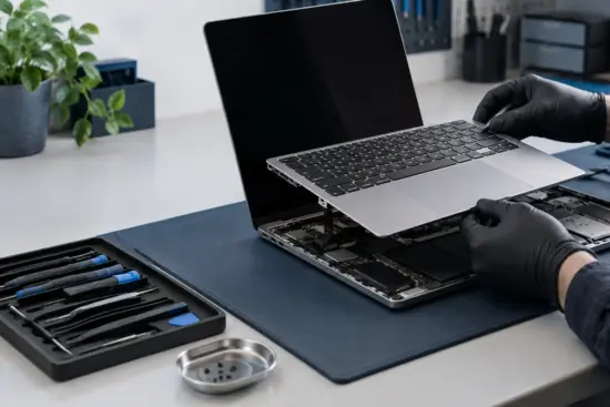 Technician removing the keyboard assembly from a slim aluminium laptop